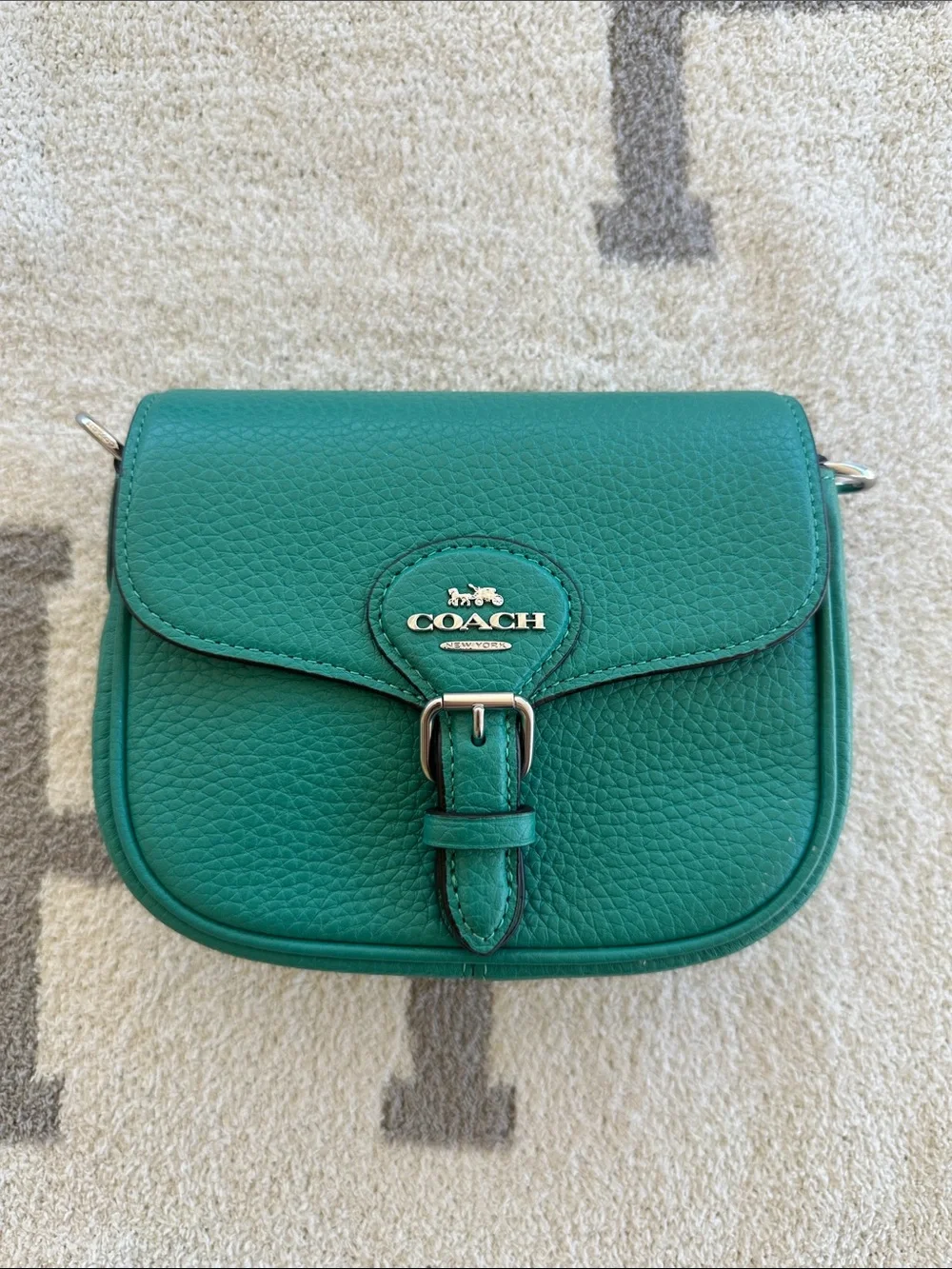 COACH Green Pebbled Leather Buckle Flap Crossbody